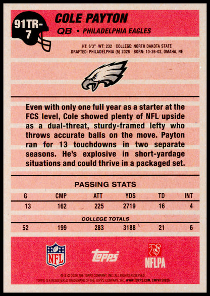 2026 Topps Flagship Cole Payton Card 1991 Topps Football Rookies Eagles