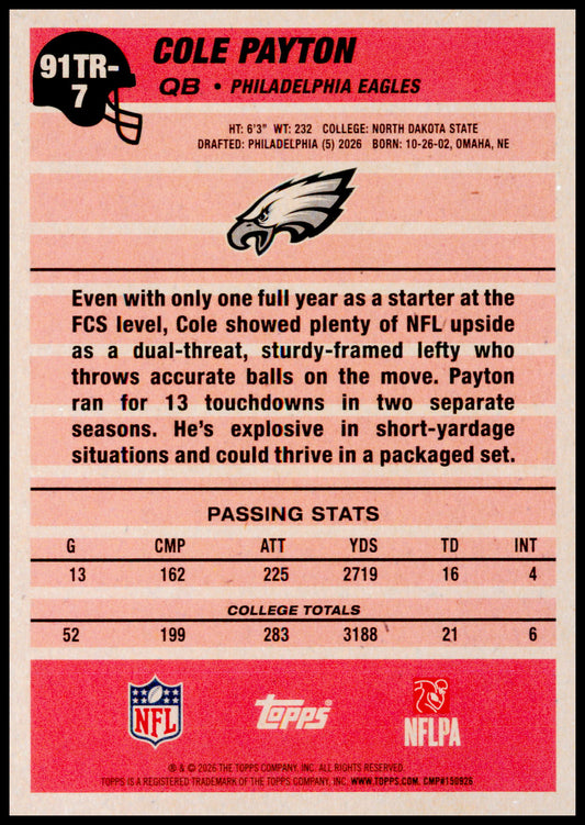 2026 Topps Flagship Cole Payton Card 1991 Topps Football Rookies Eagles
