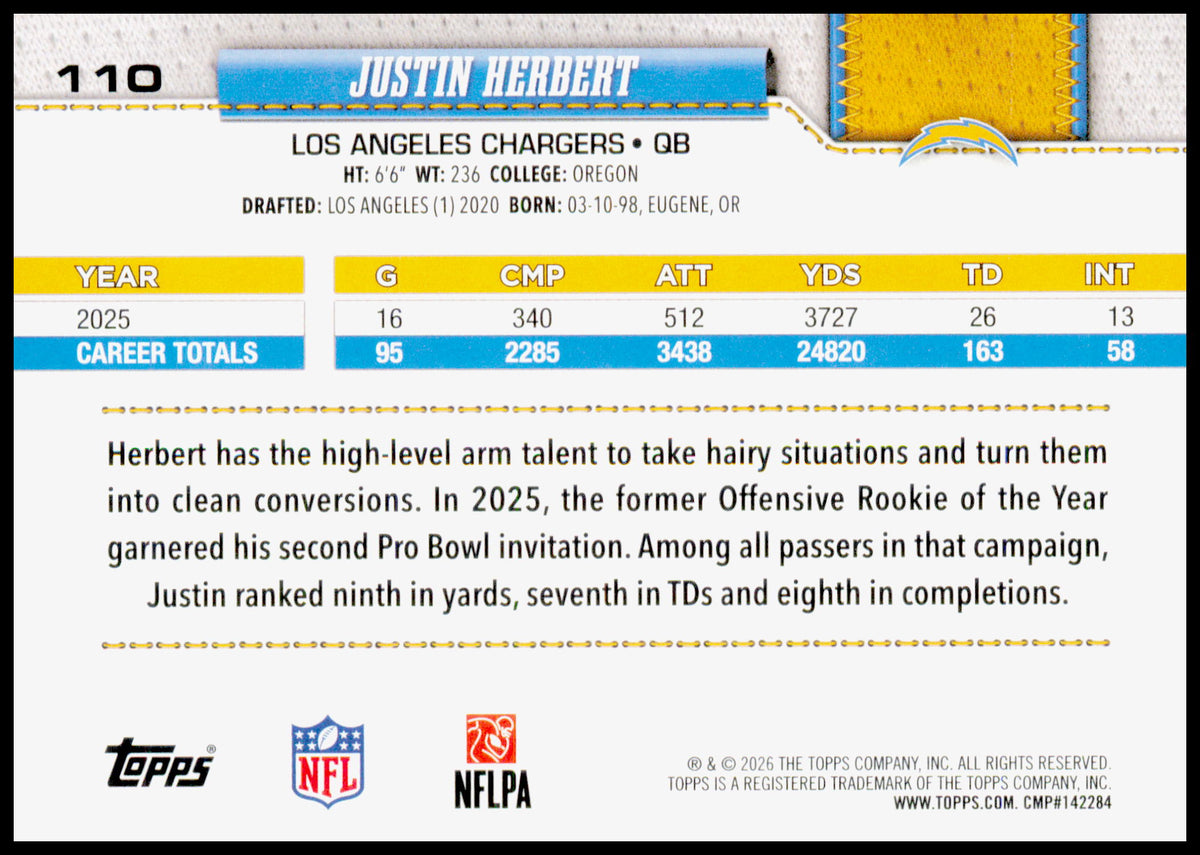 2026 Topps Flagship Justin Herbert Card Football Leather Foil Chargers