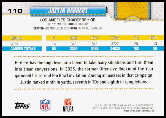 2026 Topps Flagship Justin Herbert Card Football Leather Foil Chargers