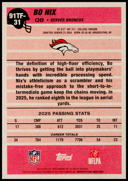 2026 Topps Flagship Bo Nix Card 1991 Topps Football Denver Broncos