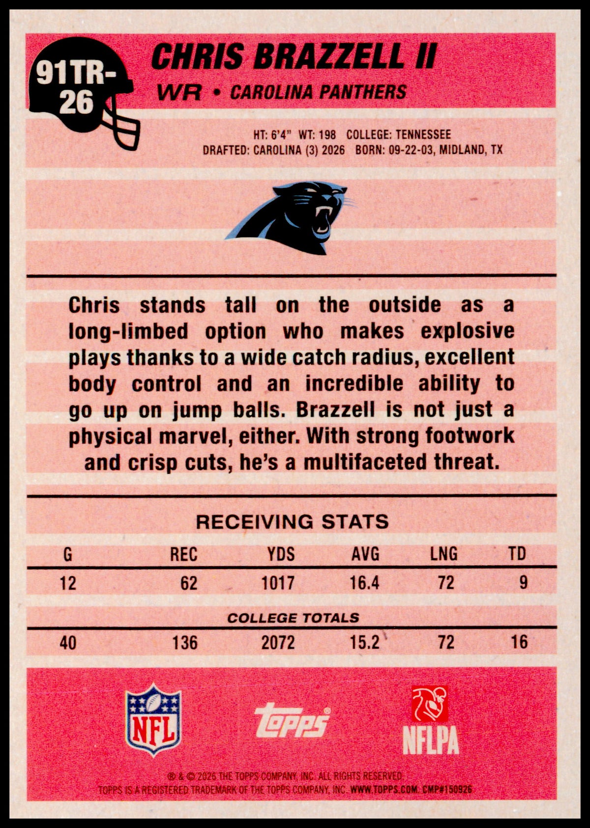 2026 Topps Flagship Chris Brazzell II Card 1991 Topps Football Rookies Panthers