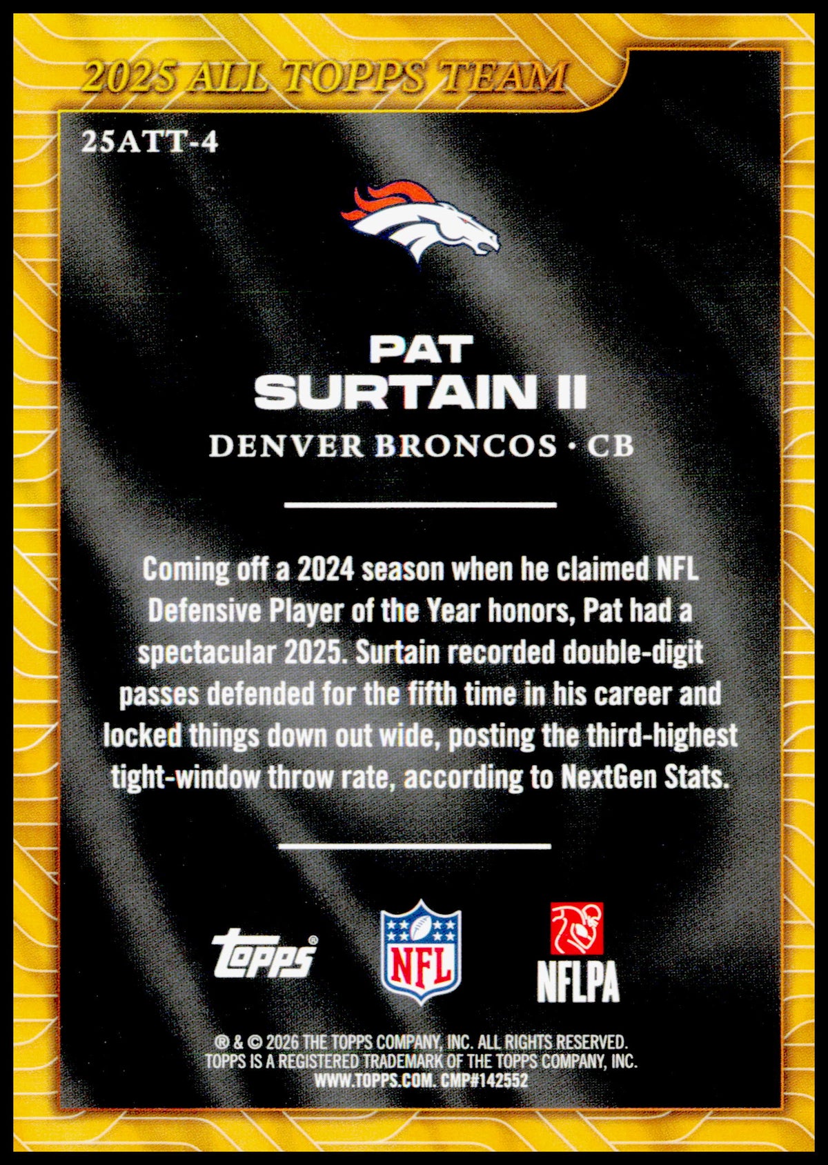 2026 Topps Flagship Patrick Surtain II Card 2025 All Topps Team Denver Broncos