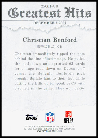2026 Topps Flagship Christian Benford Card 2025 Greatest Hits Buffalo Bills