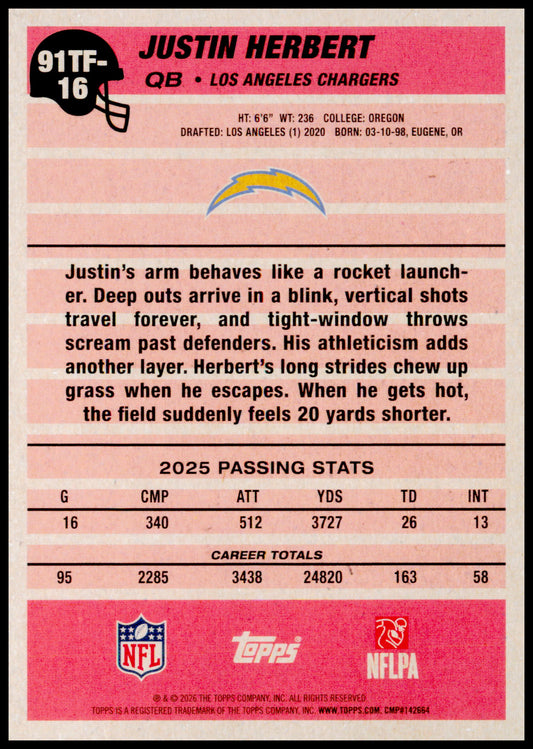 2026 Topps Flagship Justin Herbert Card 1991 Topps Football 35th Anniversary