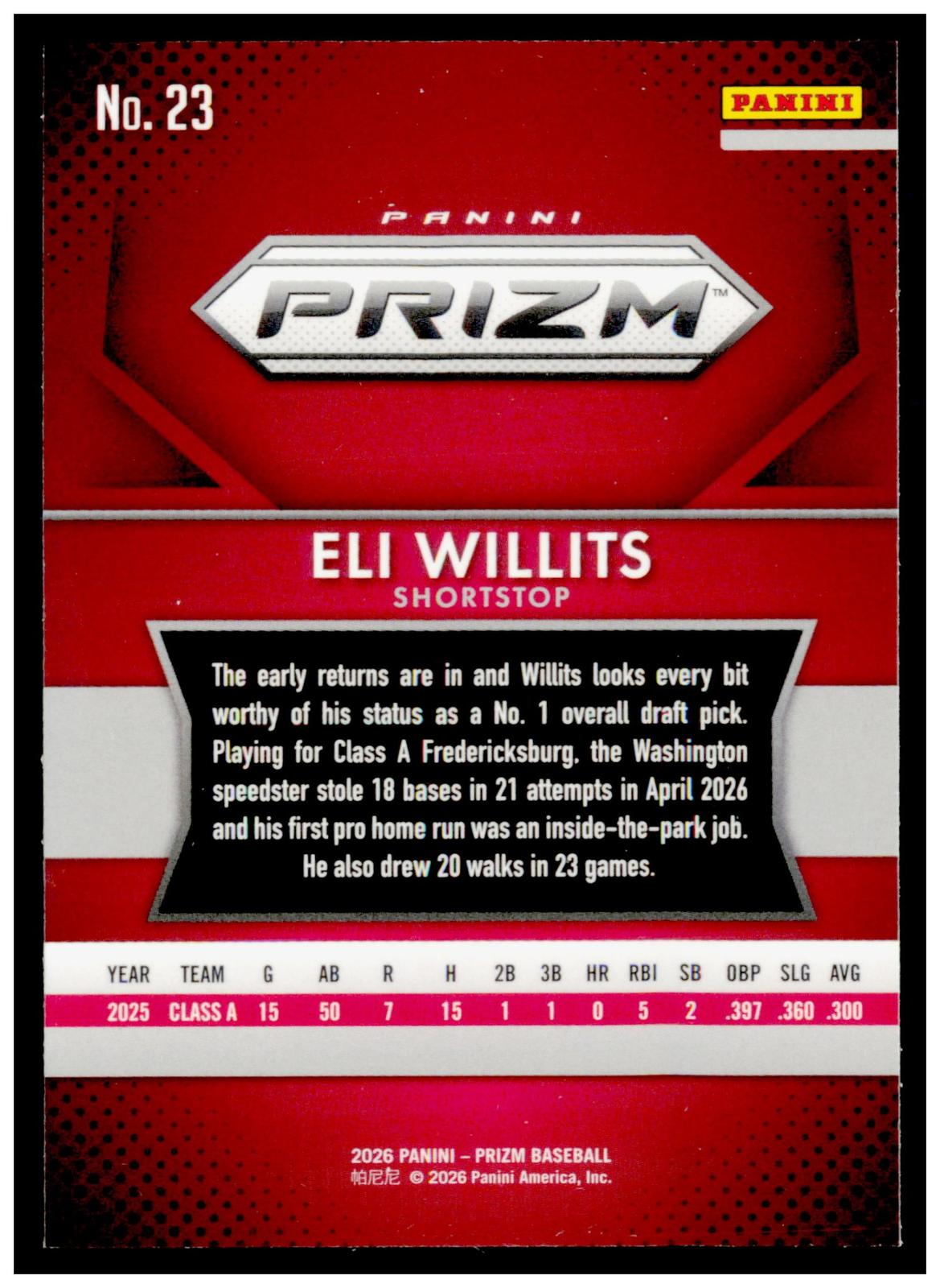 2026 Panini Prizm Baseball Eli Willits #23 Washington Draft Pick SP RC