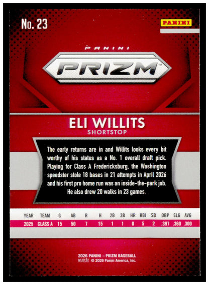 2026 Panini Prizm Baseball Eli Willits #23 Washington Draft Pick SP RC
