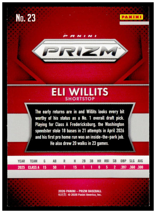 2026 Panini Prizm Baseball Eli Willits #23 Washington Draft Pick SP RC