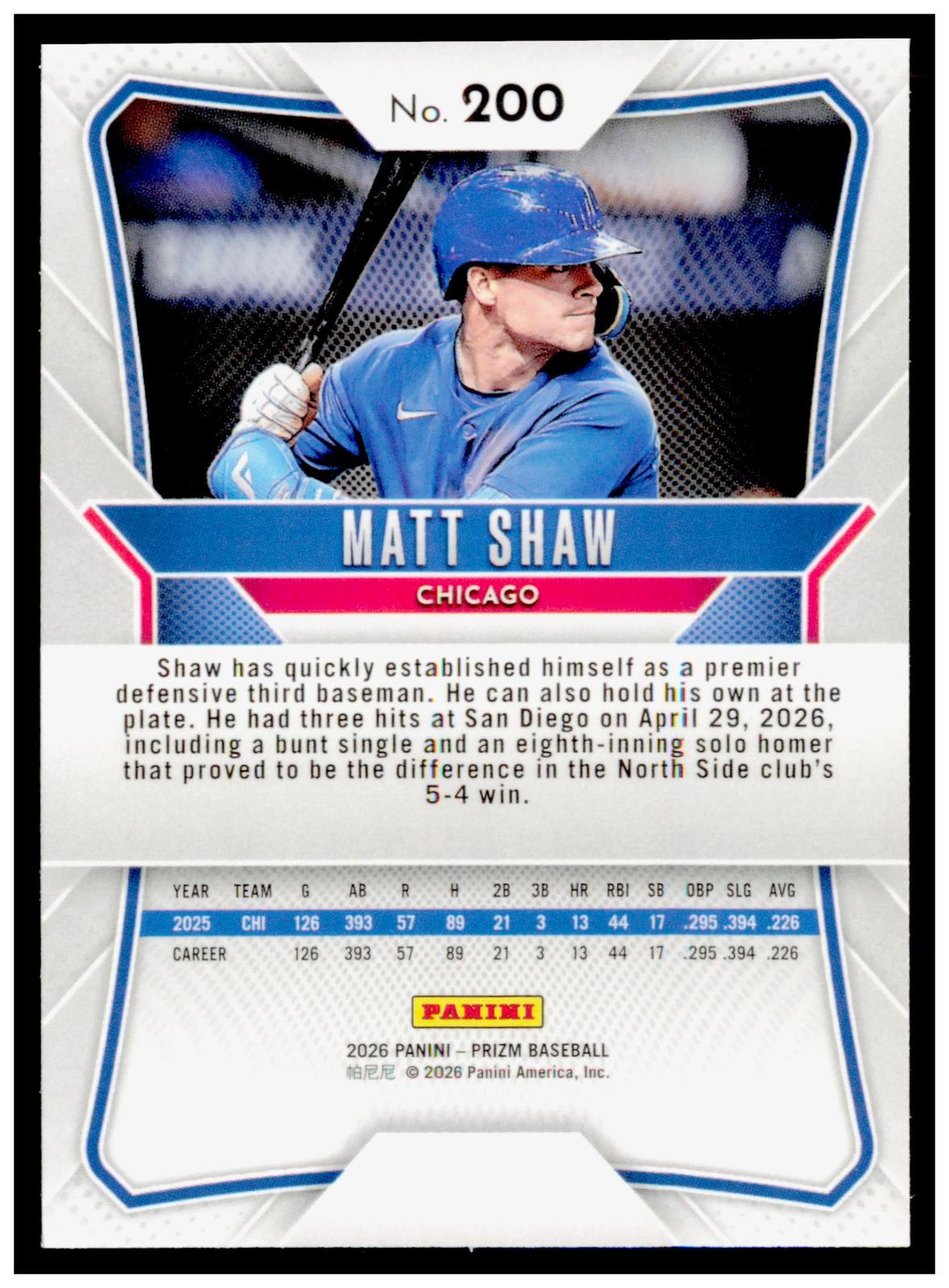 2026 Panini Prizm Matt Shaw Card Chicago Cubs