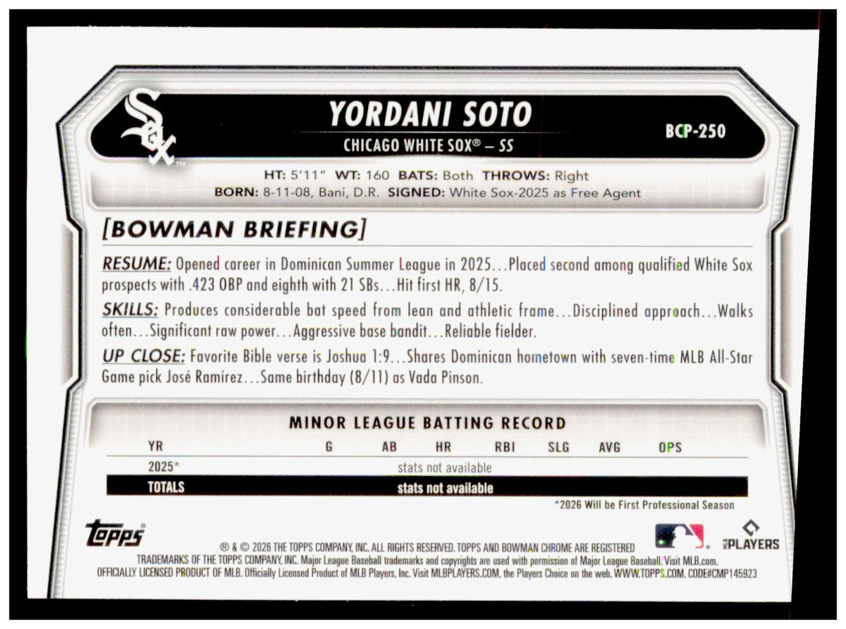 2026 Bowman Chrome Yordani Soto Card Prospects Chicago White Sox