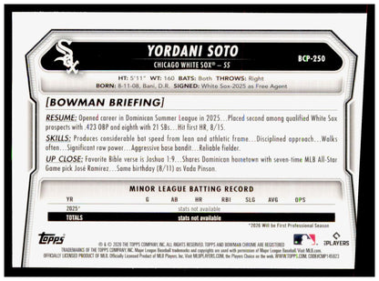 2026 Bowman Chrome Yordani Soto Card Prospects Chicago White Sox