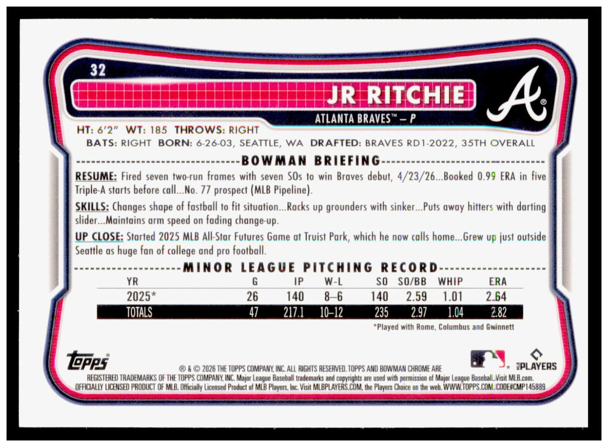 2026 Bowman Chrome JR Ritchie Card RC Atlanta Braves
