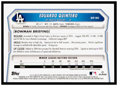 2026 Bowman Chrome Eduardo Quintero Card Prospects Los Angeles Dodgers