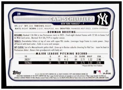 2026 Bowman Chrome Cam Schlittler Card RC New York Yankees