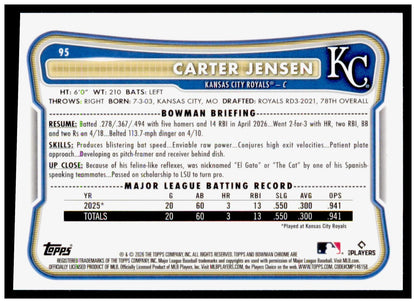 2026 Bowman Chrome Carter Jensen Card Kansas City Royals