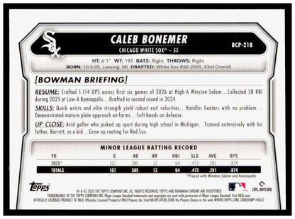 2026 Bowman Chrome Caleb Bonemer #BCP-218 Chicago White Sox Prospect RC