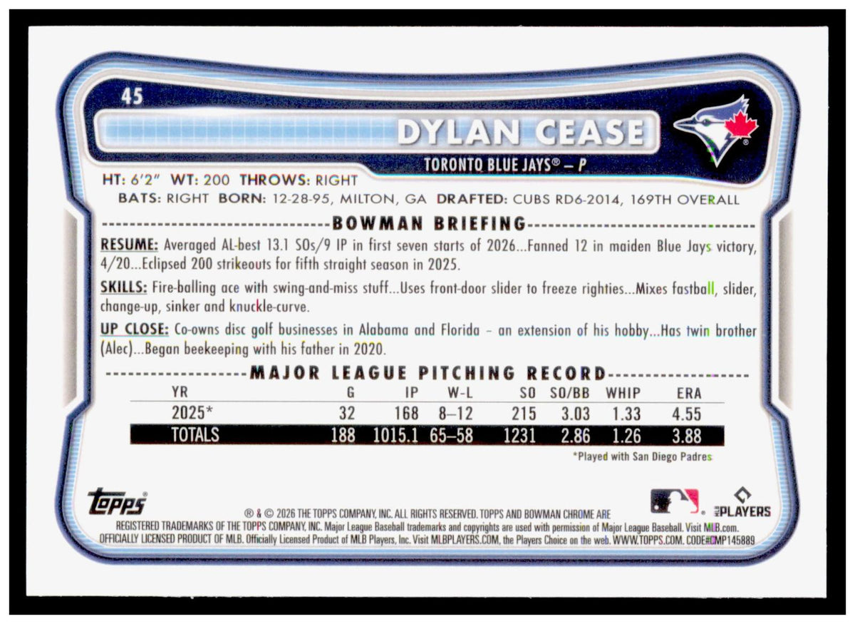 2026 Bowman Chrome Dylan Cease Card Toronto Blue Jays