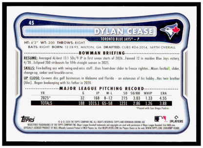 2026 Bowman Chrome Dylan Cease Card Toronto Blue Jays