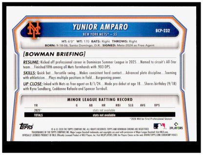 2026 Bowman Chrome Yunior Amparo Card Prospects New York Mets