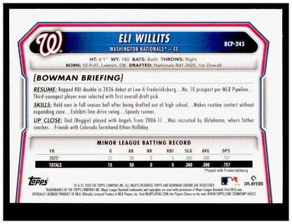 2026 Bowman Chrome Eli Willits Card Prospects Washington Nationals
