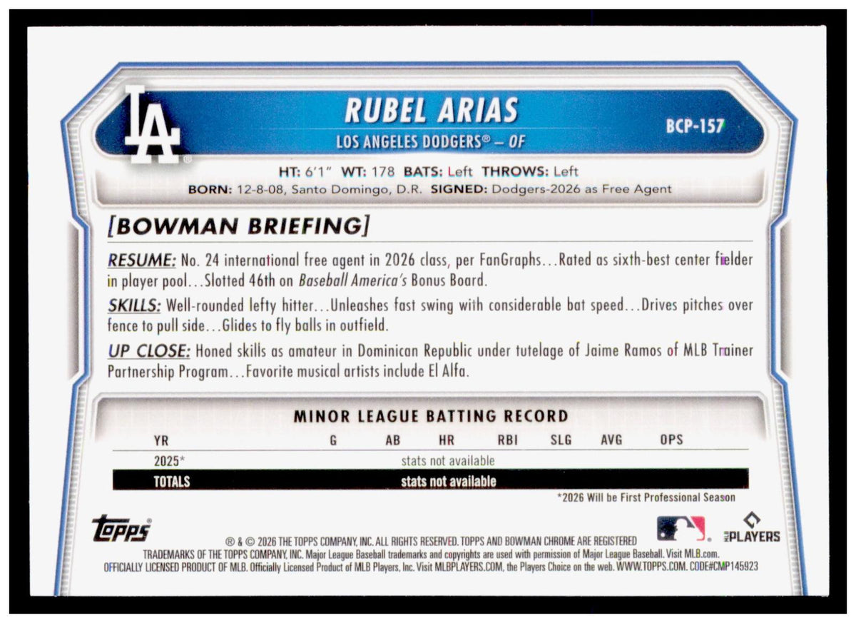 2026 Bowman Chrome Rubel Arias Card Prospects Los Angeles Dodgers