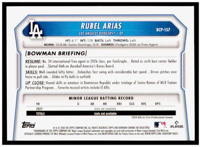 2026 Bowman Chrome Rubel Arias Card Prospects Los Angeles Dodgers