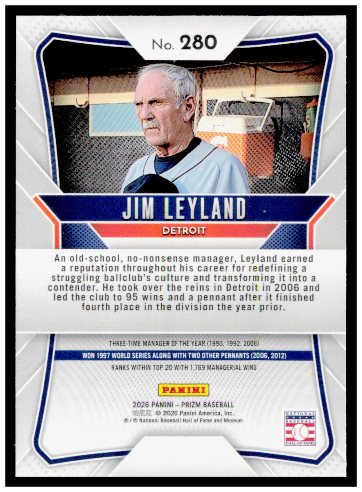 2026 Panini Prizm Jim Leyland Card Detroit Tigers