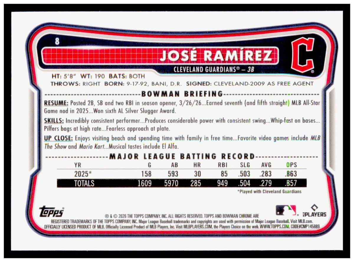 2026 Bowman Chrome José Ramírez Card Cleveland Guardians