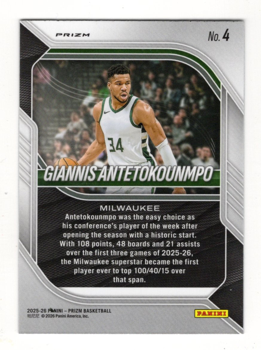 2025-26 Panini Prizm Giannis Antetokounmpo Card Silver Prizm Milwaukee Bucks