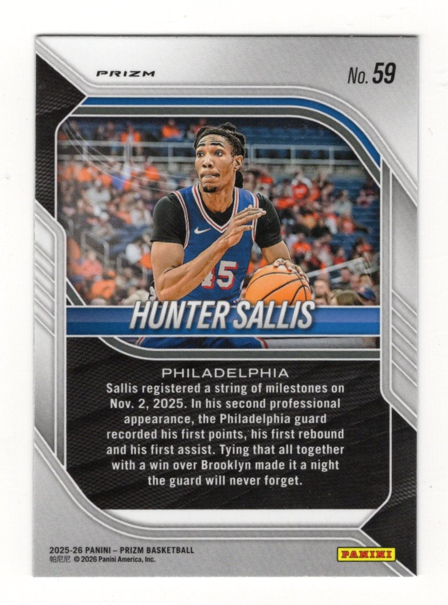 2025-26 Panini Prizm Hunter Sallis Card Green Prizm RC Philadelphia 76ers