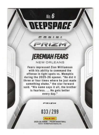 2025-26 Panini Prizm Jeremiah Fears Card Deep Space Prizm Red Pulsar /299