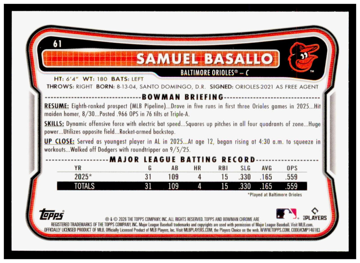 2026 Bowman Chrome Samuel Basallo Card Mojo Refractor RC Baltimore Orioles