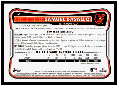 2026 Bowman Chrome Samuel Basallo Card Mojo Refractor RC Baltimore Orioles