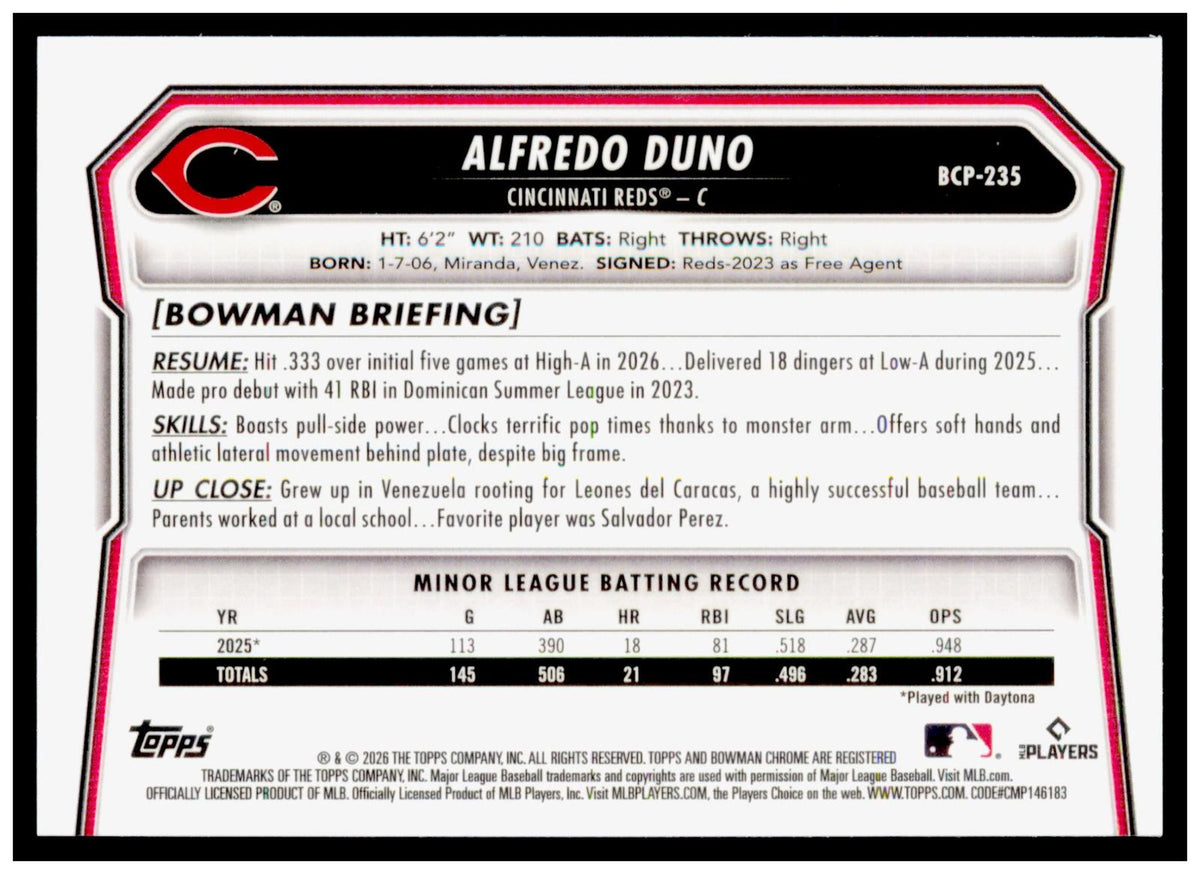 2026 Bowman Chrome Alfredo Duno Card Prospects Mojo Cincinnati Reds