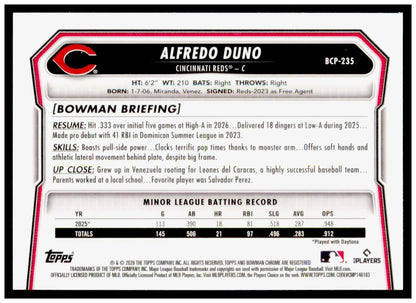 2026 Bowman Chrome Alfredo Duno Card Prospects Mojo Cincinnati Reds