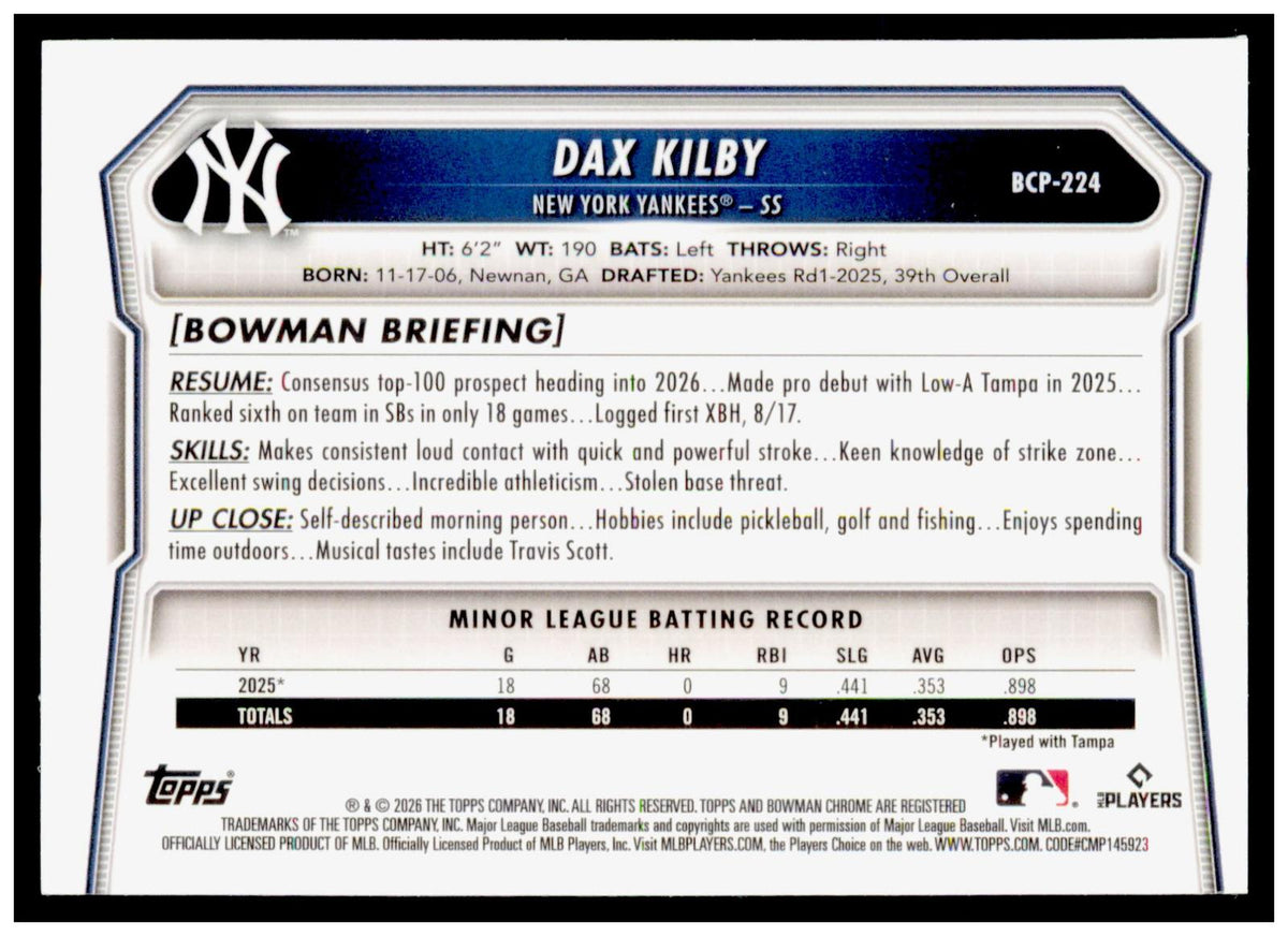 2026 Bowman Chrome Dax Kilby #BCP-224 Lazer Refractor Prospect NY Yankees SSP