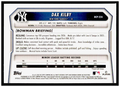 2026 Bowman Chrome Dax Kilby #BCP-224 Lazer Refractor Prospect NY Yankees SSP