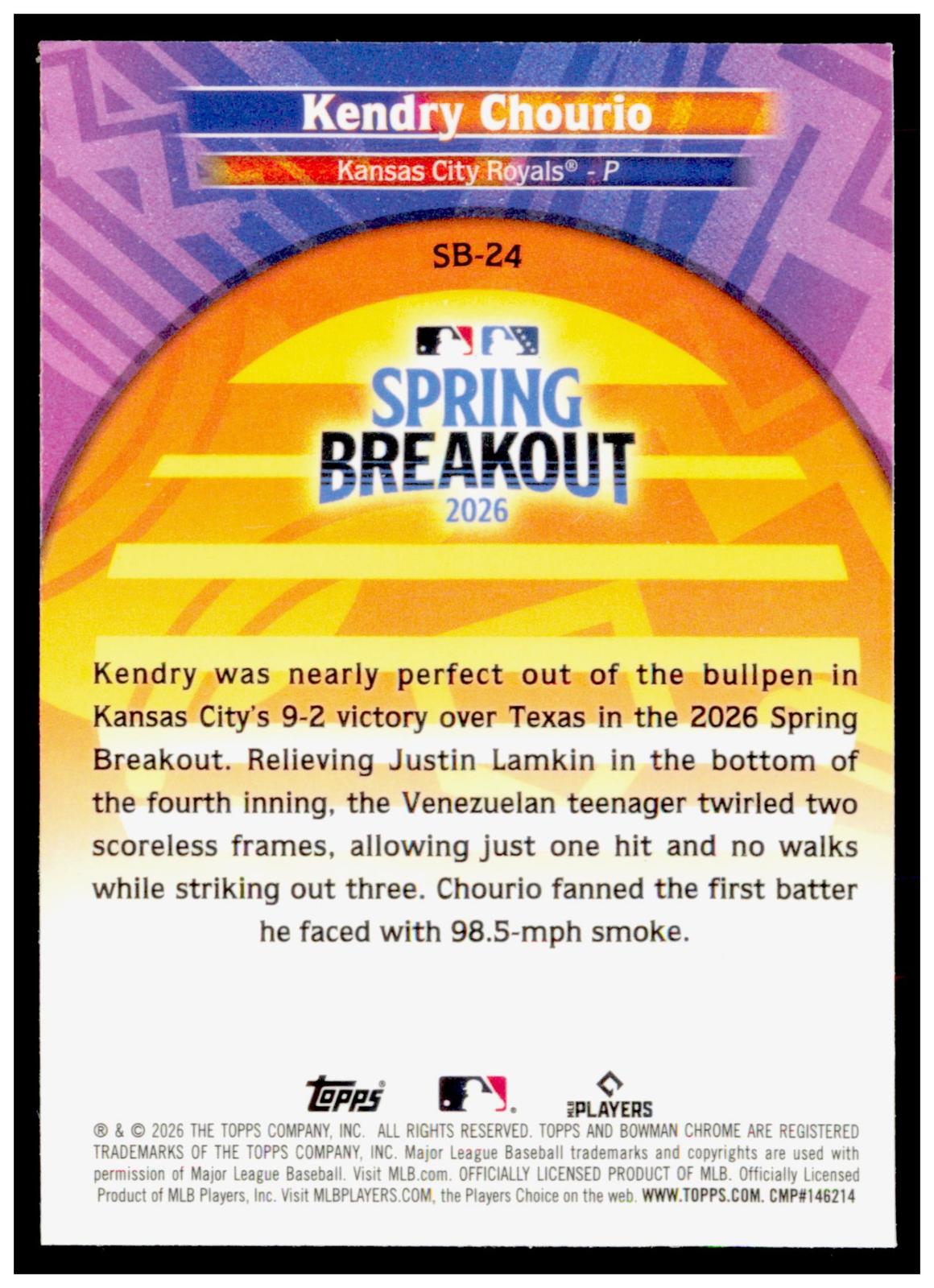 2026 Bowman Chrome Kendry Chourio Spring Breakout 2026 Mojo Refractor Royals