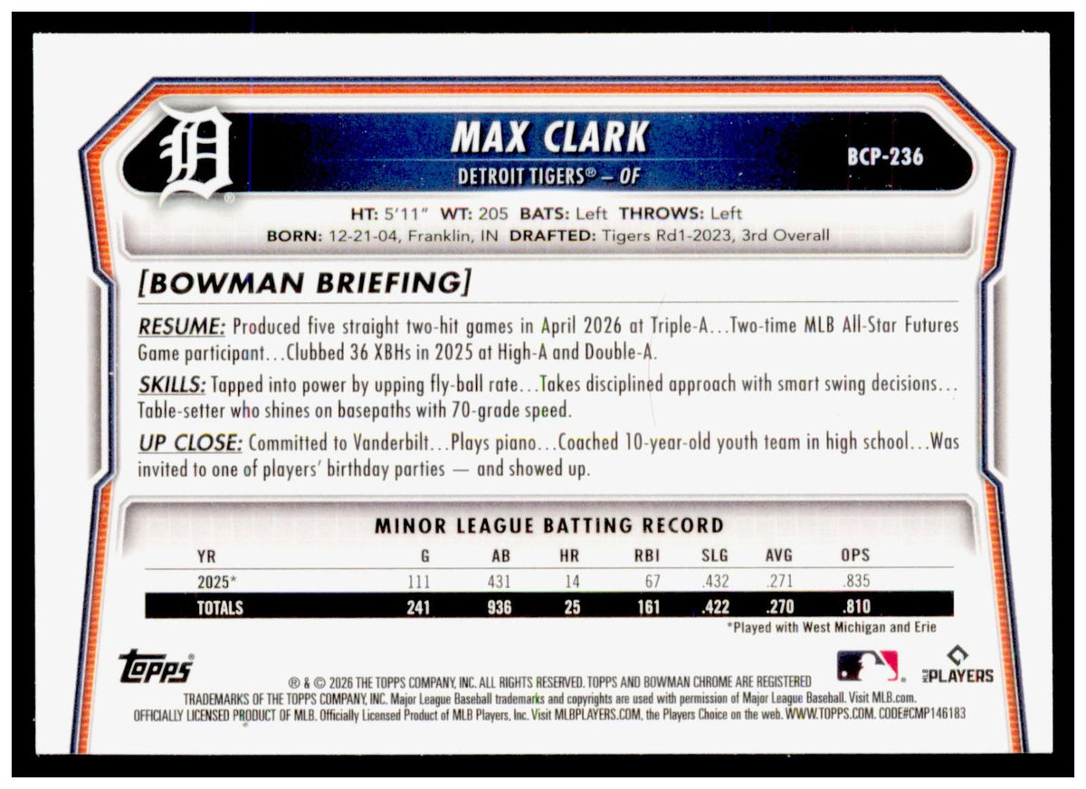 2026 Bowman Chrome Max Clark Card Prospects Mojo Detroit Tigers