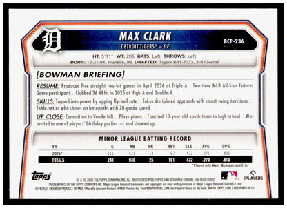 2026 Bowman Chrome Max Clark Card Prospects Mojo Detroit Tigers