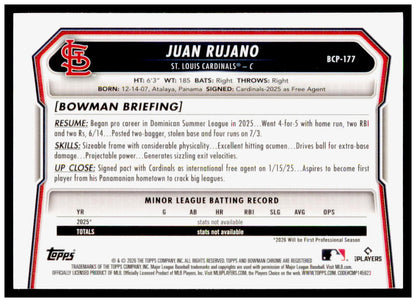 2026 Bowman Chrome Juan Rujano Card Prospects Laser St. Louis Cardinals