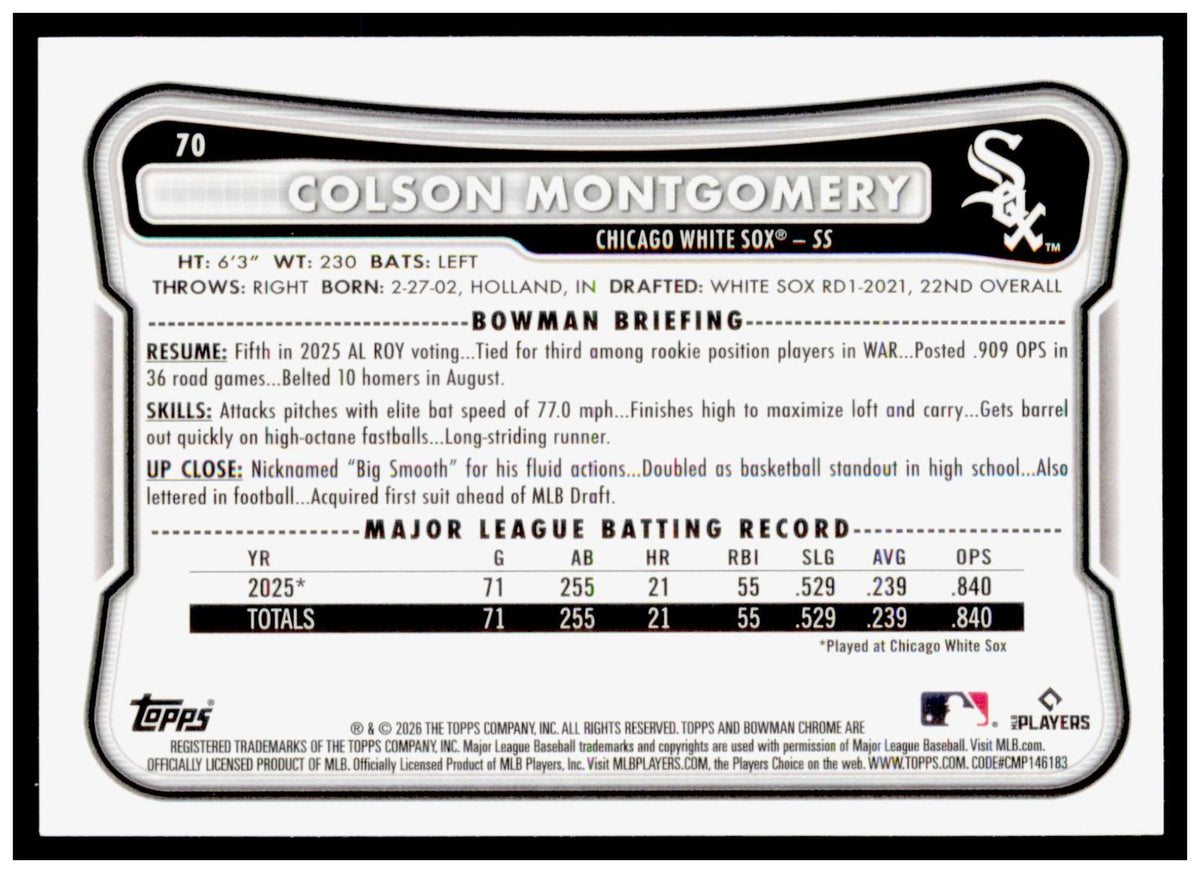 2026 Bowman Chrome Colson Montgomery Card Mojo Refractor RC Chicago White Sox