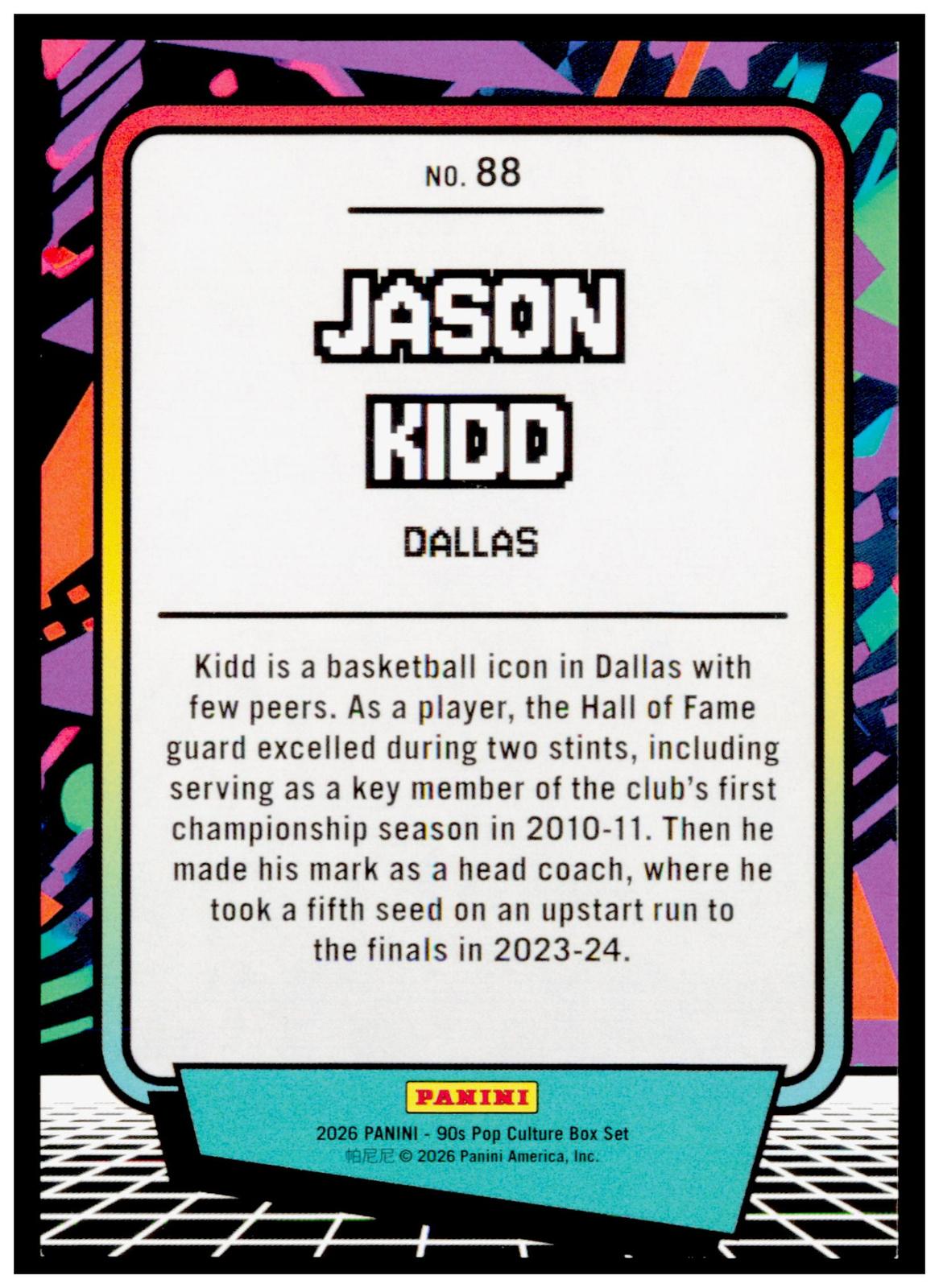 2026 Panini Decades 90s Pop Culture Jason Kidd Card Yellow SN, HOF Mavericks