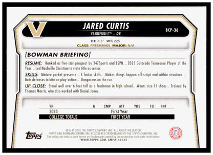 2026 Bowman Jared Curtis Card Chrome Prospects Vanderbilt Commodores