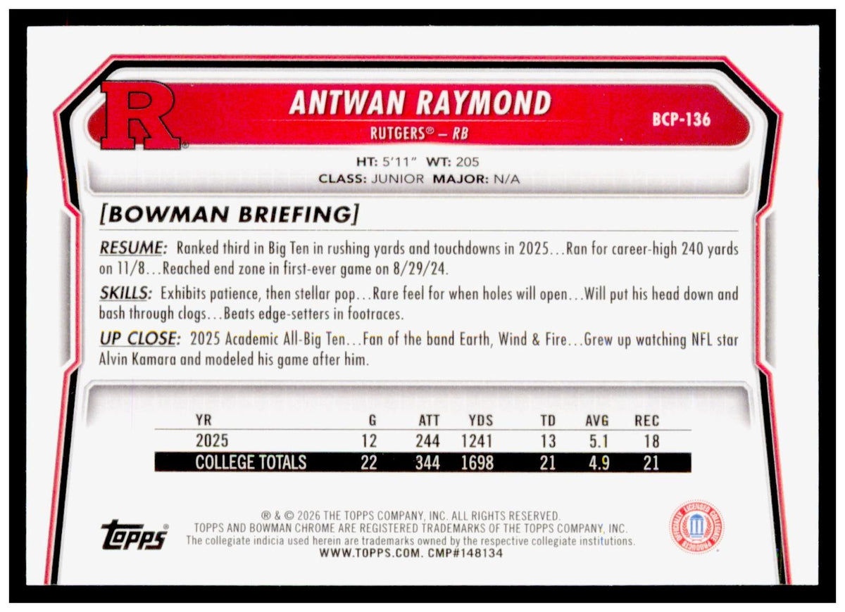 2026 Bowman Antwan Raymond Card Chrome Prospects Rutgers Scarlet Knights