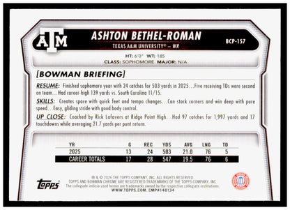 2026 Bowman Ashton Bethel-Roman Card Chrome Prospects Texas A&M Aggies