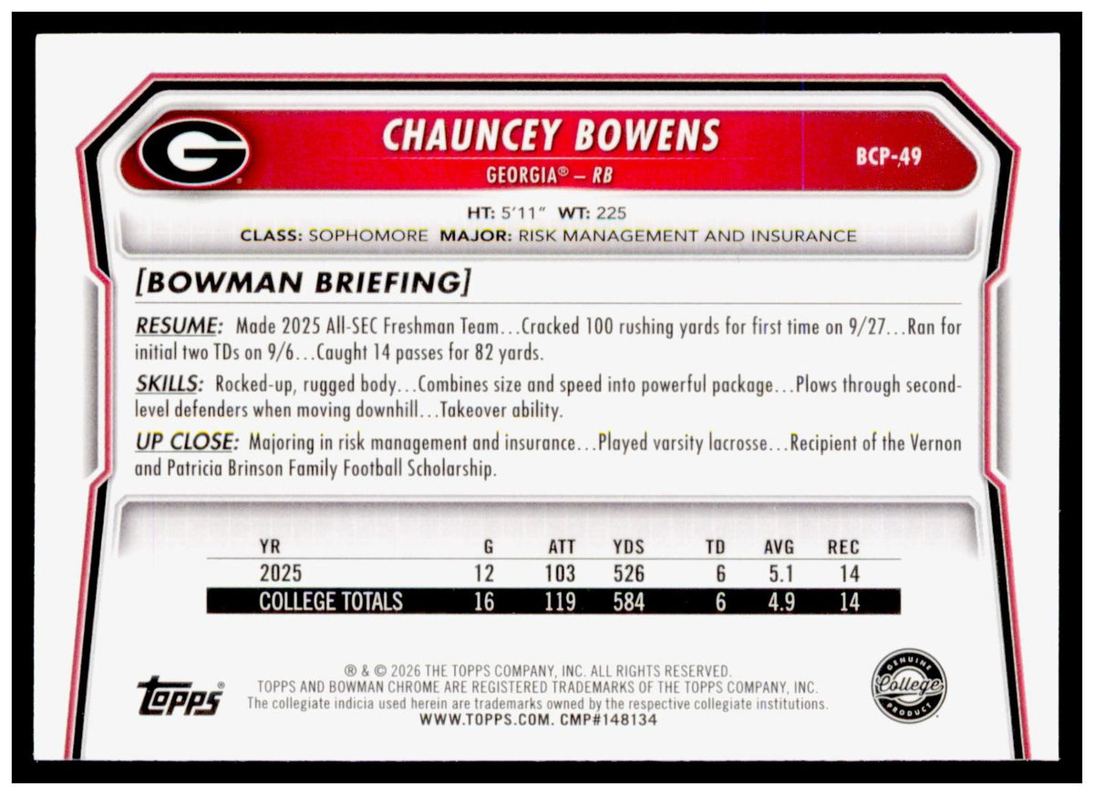 2026 Bowman Chauncey Bowens Card Chrome Prospects Georgia Bulldogs