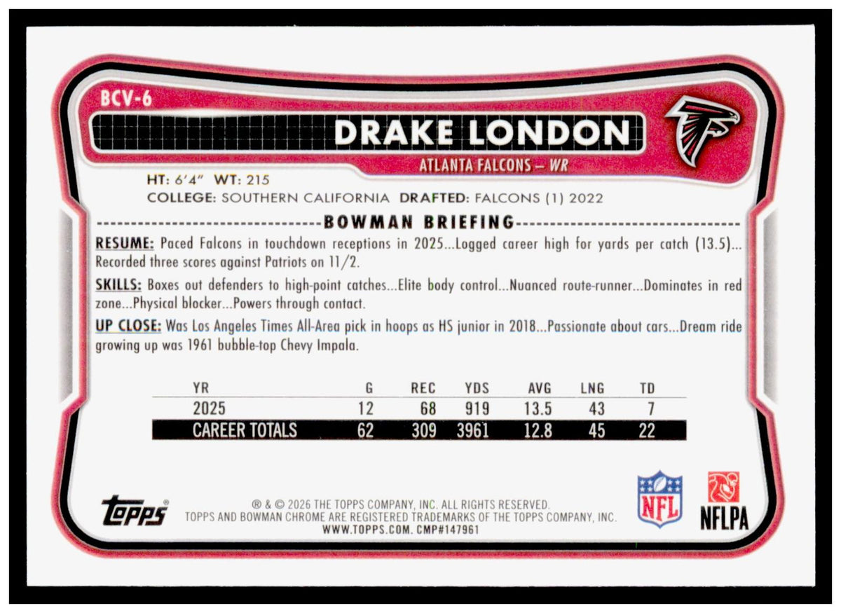 2026 Bowman Drake London Card Chrome Atlanta Falcons