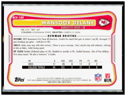 2026 Bowman Mansoor Delane Card Chrome Kansas City Chiefs
