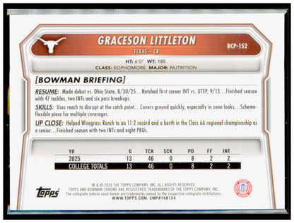 2026 Bowman Graceson Littleton Card Chrome Prospects Texas Longhorns